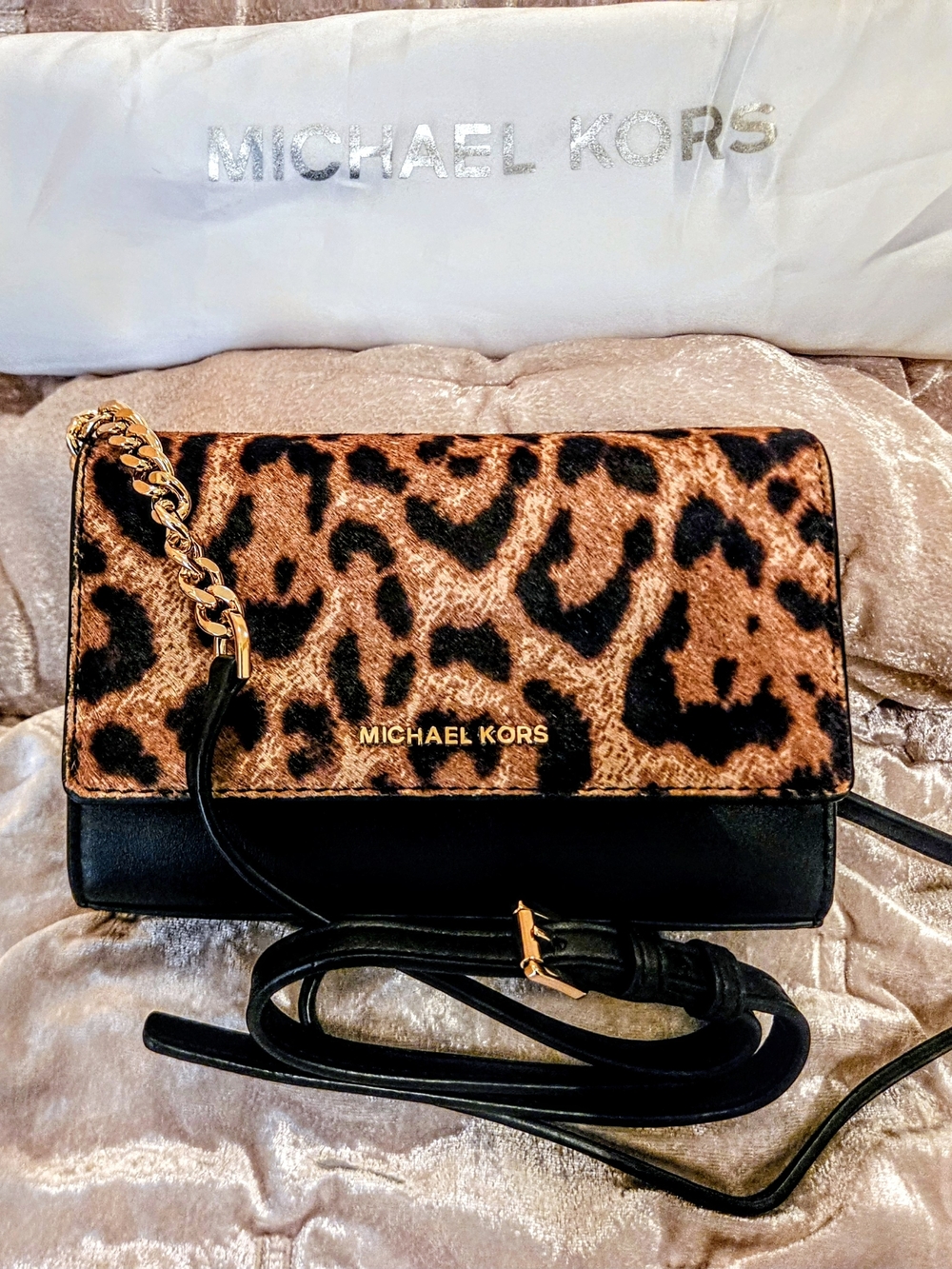 Michael Kors Leopard Print and Black Crossbody with Gold Chain